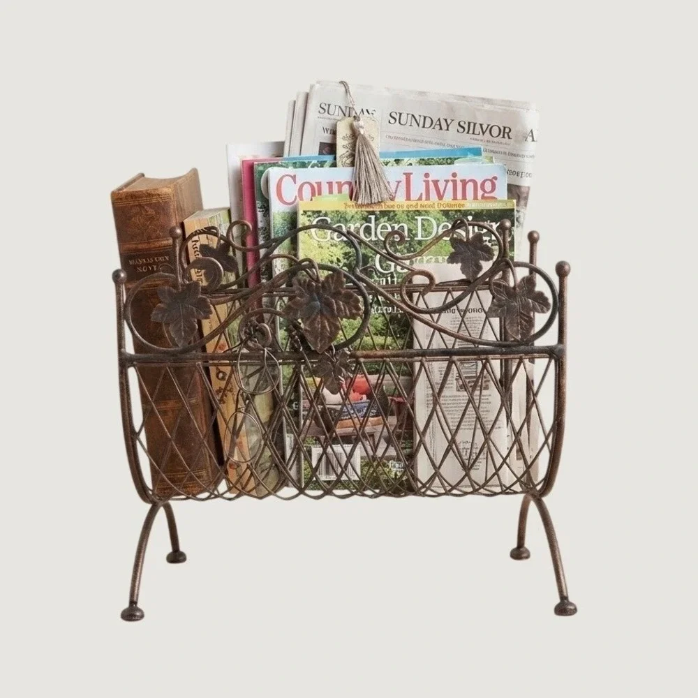 Vintage Bronze Wrought Iron Magazine Rack Grape Leaf Scrollwork Storage Bin